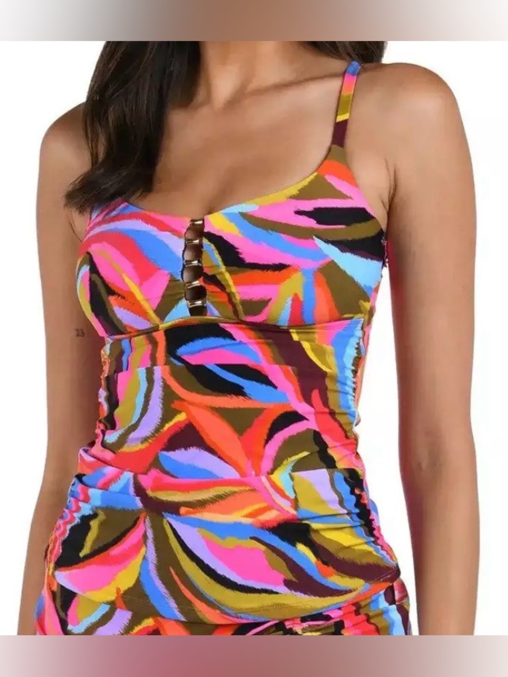 NWT La Blanca Multicolor Abstract Tankini Top Size 10 UPF 50+